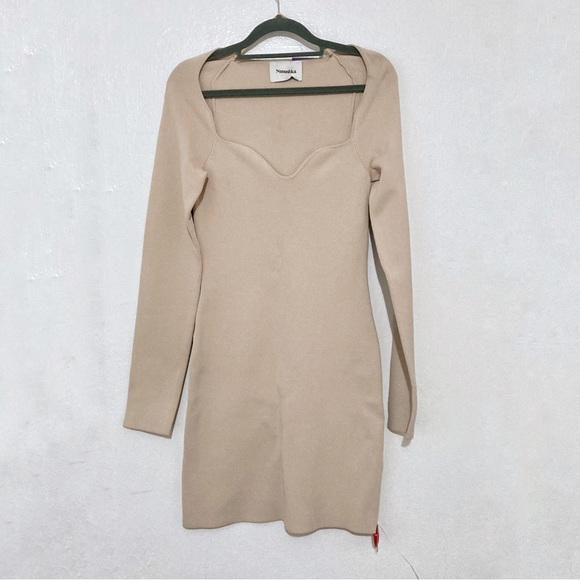 Nanushka Marina Beige Rib Knit Sweetheart Neck Long Sleeve Mini Dress Size M - Picture 5 of 14